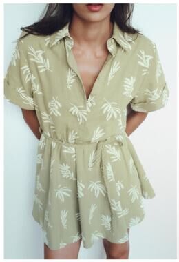 Zara rubberized leaf embroidery green shirt dress sz S